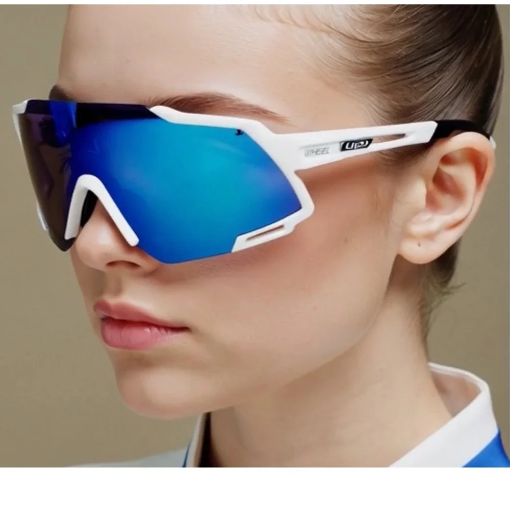WHEEL UP Sports Sunglasses White Blue Mirrored Lens Cycling Riding UV Protection
